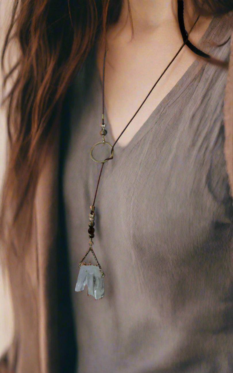 Quartz Lariat Leather & Brass - Talisman | Handmade by Blackbird & Sage
