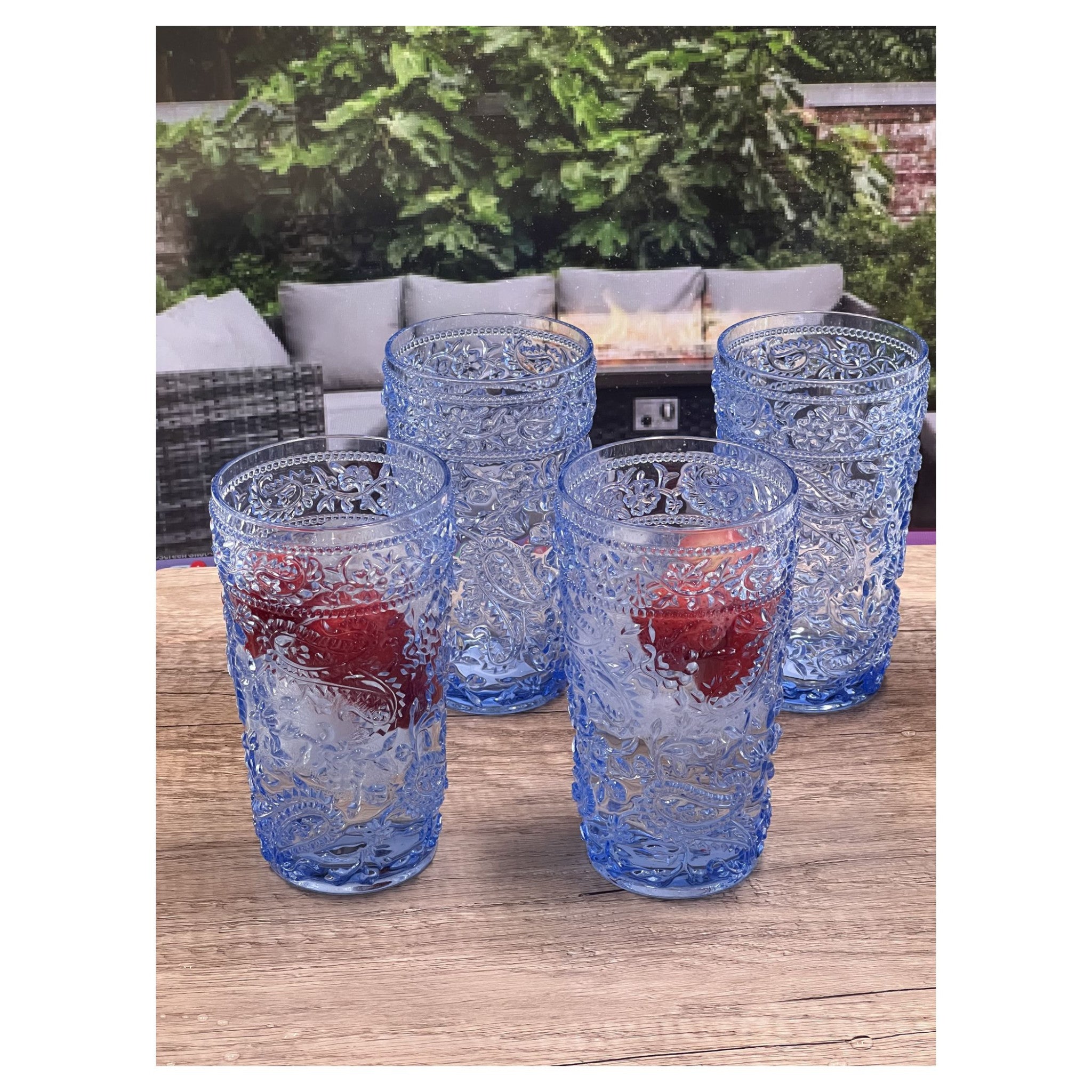 Four Cobalt Blue Paisley Acrylic Stemless Highball Glass